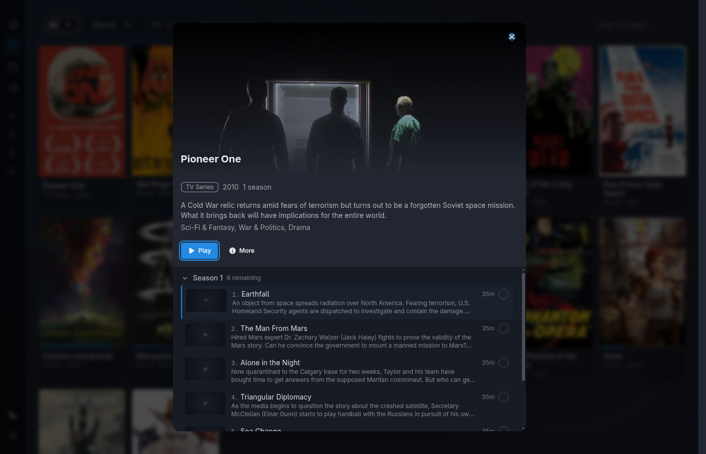 TV series detail for indie content — Pioneer One with tasteful placeholder thumbnails