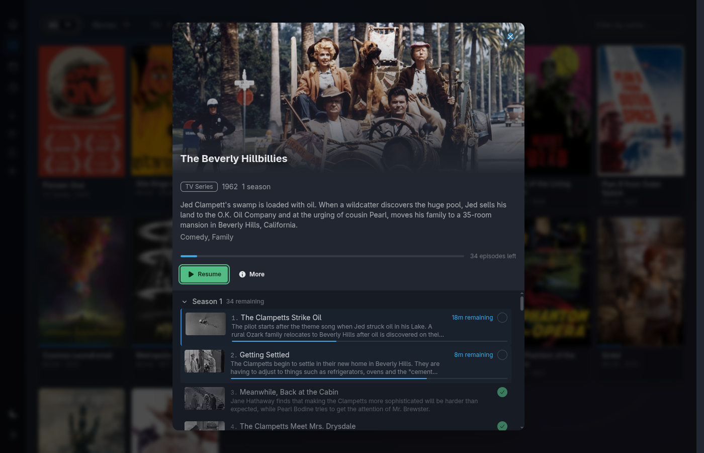 TV series detail — seasons and episode list with per-episode thumbnails