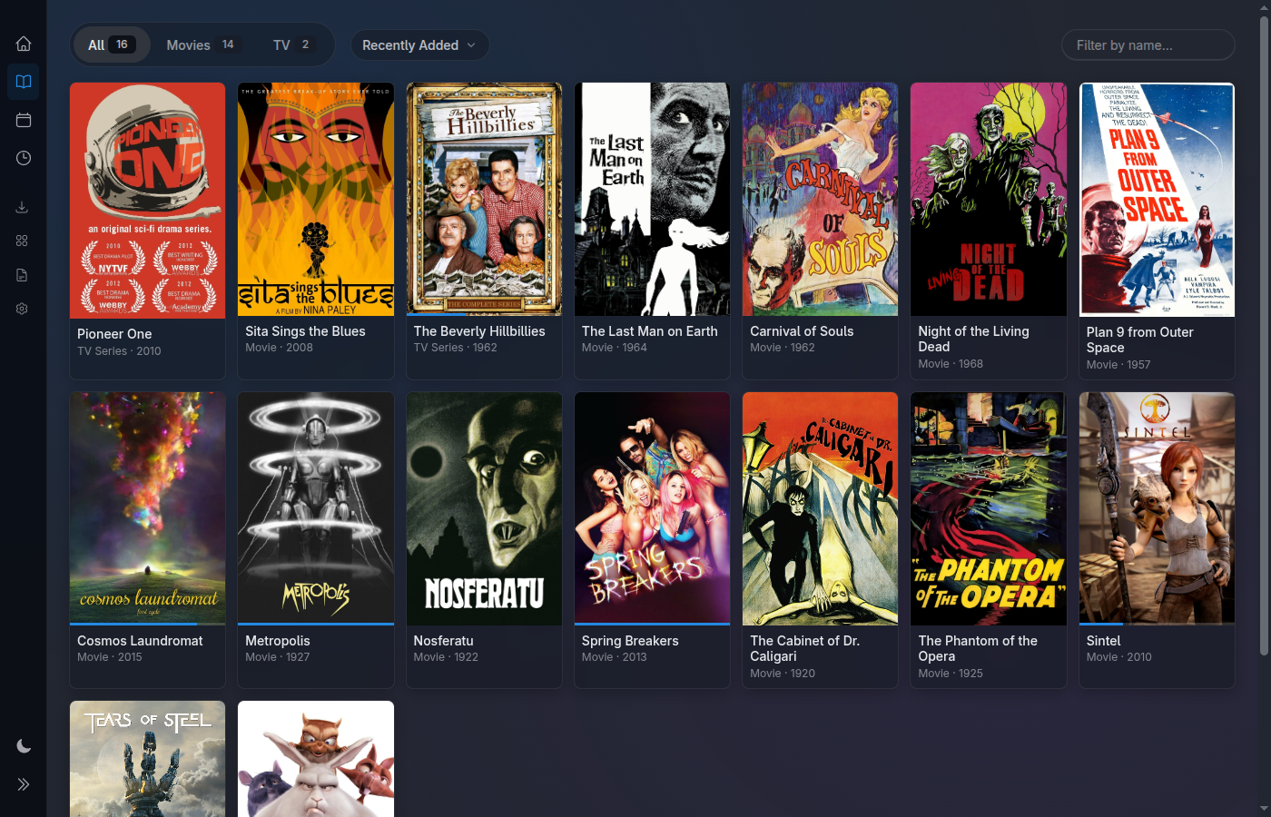 Library grid — a wall of poster artwork for the curated showcase catalog