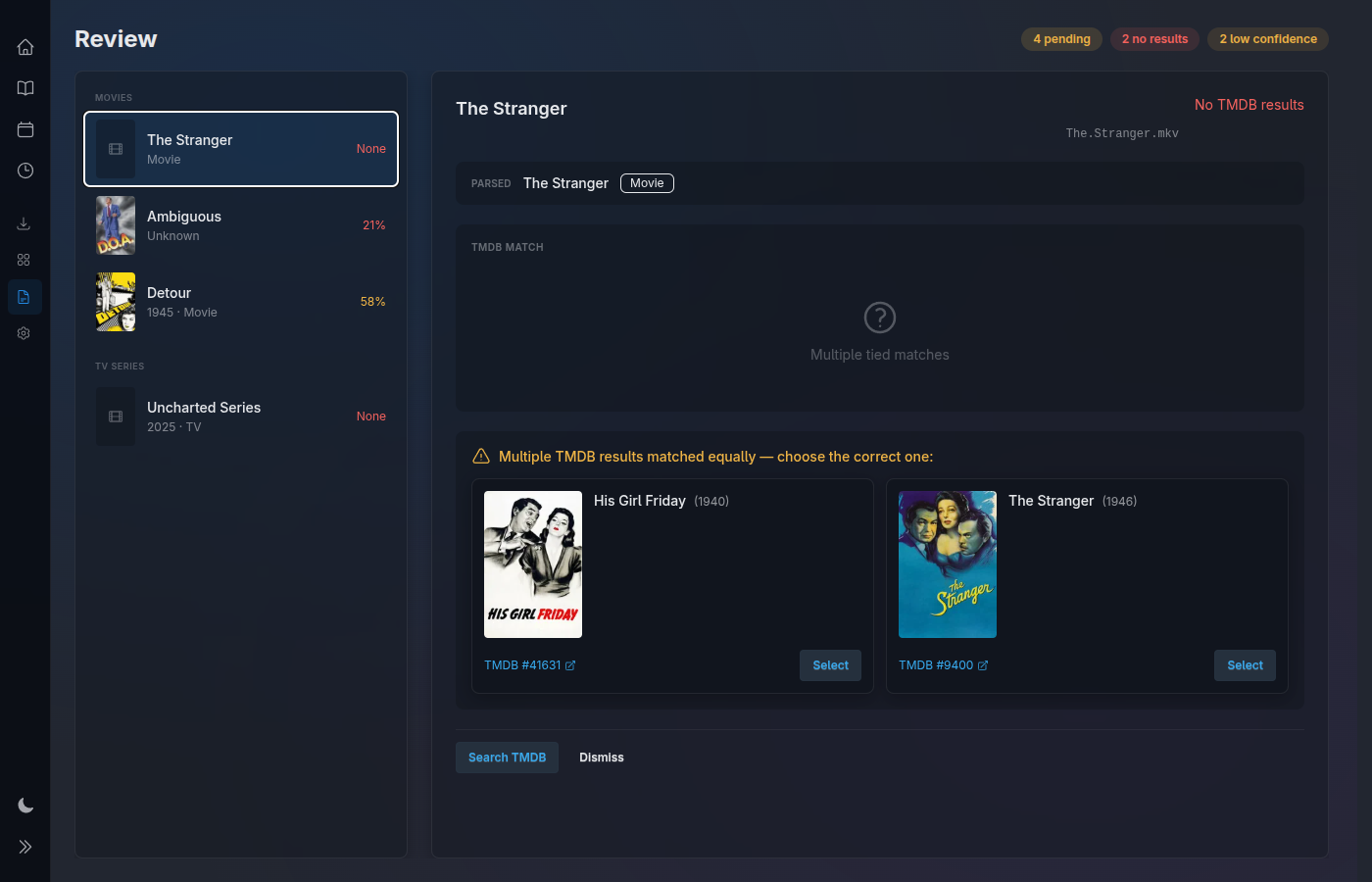 Review queue — pending files awaiting metadata confirmation