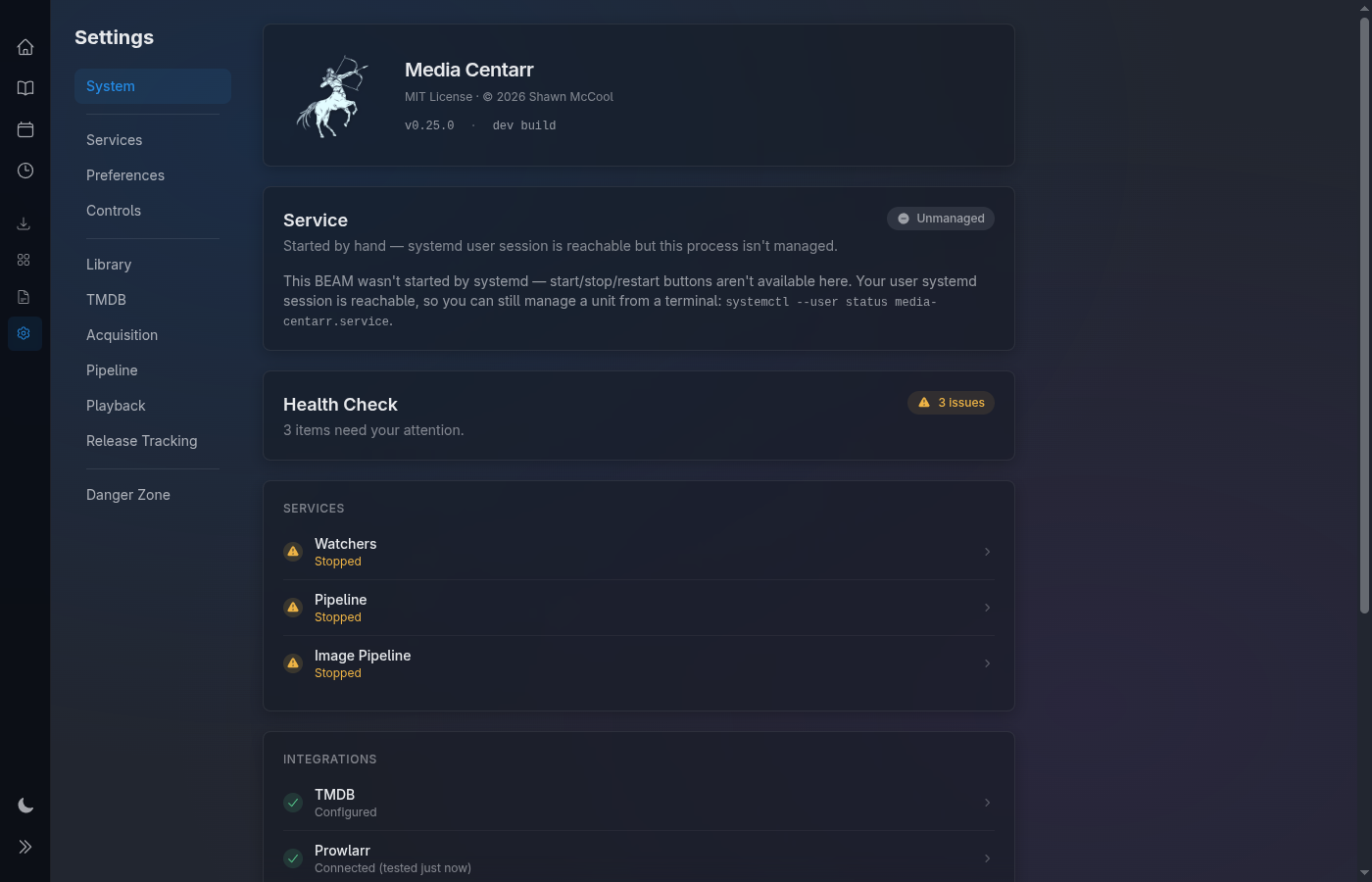 Settings — configuration surface for library, TMDB, pipeline, playback, and system