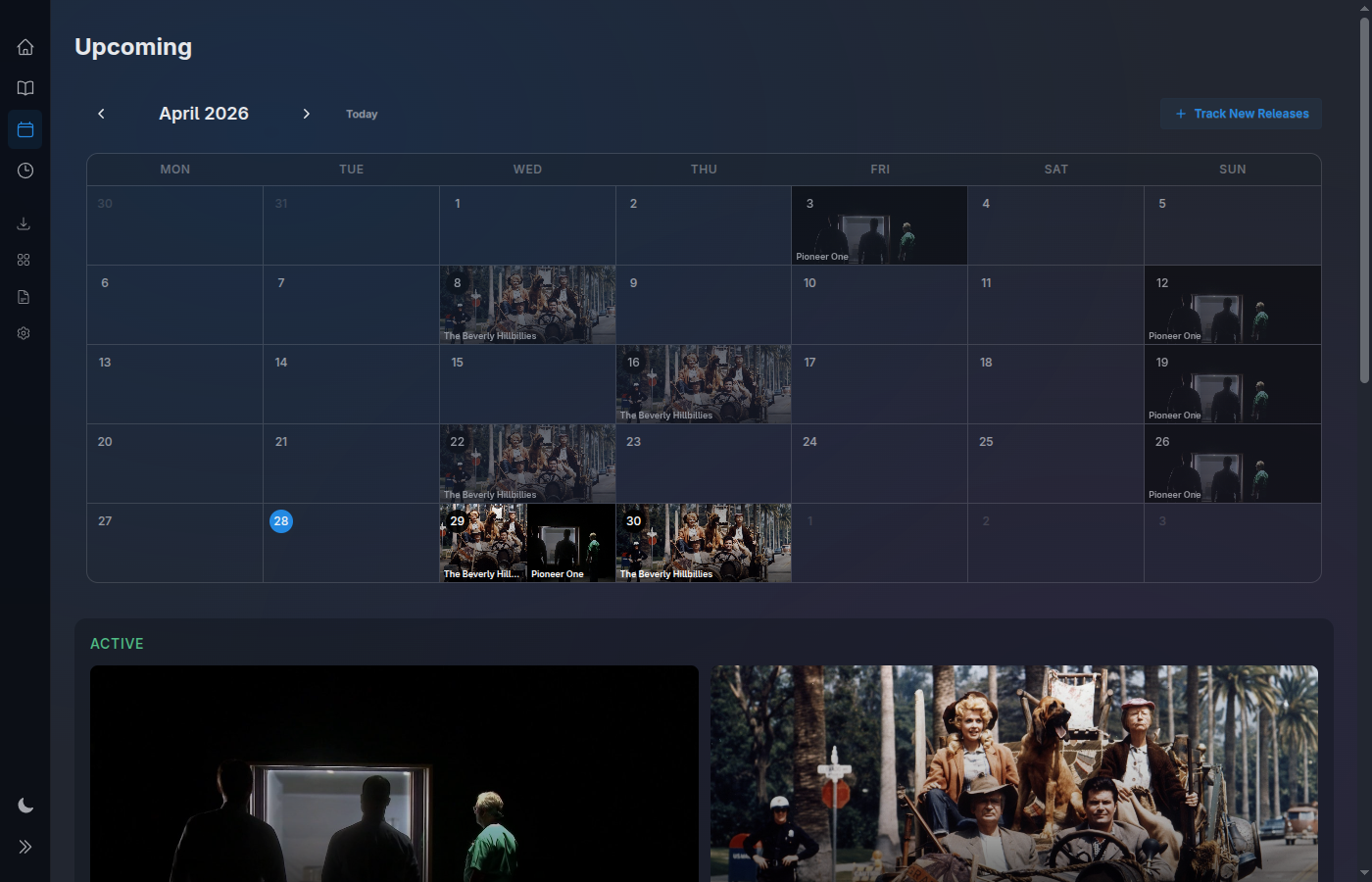 Upcoming — calendar of tracked releases plus active-shows panel and the Coming Up Week digest